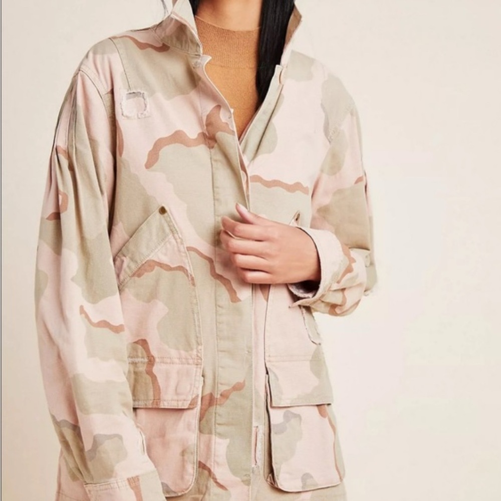 New Anthropologie Lida Utility Jacket  Distressing Detail Pink Camo